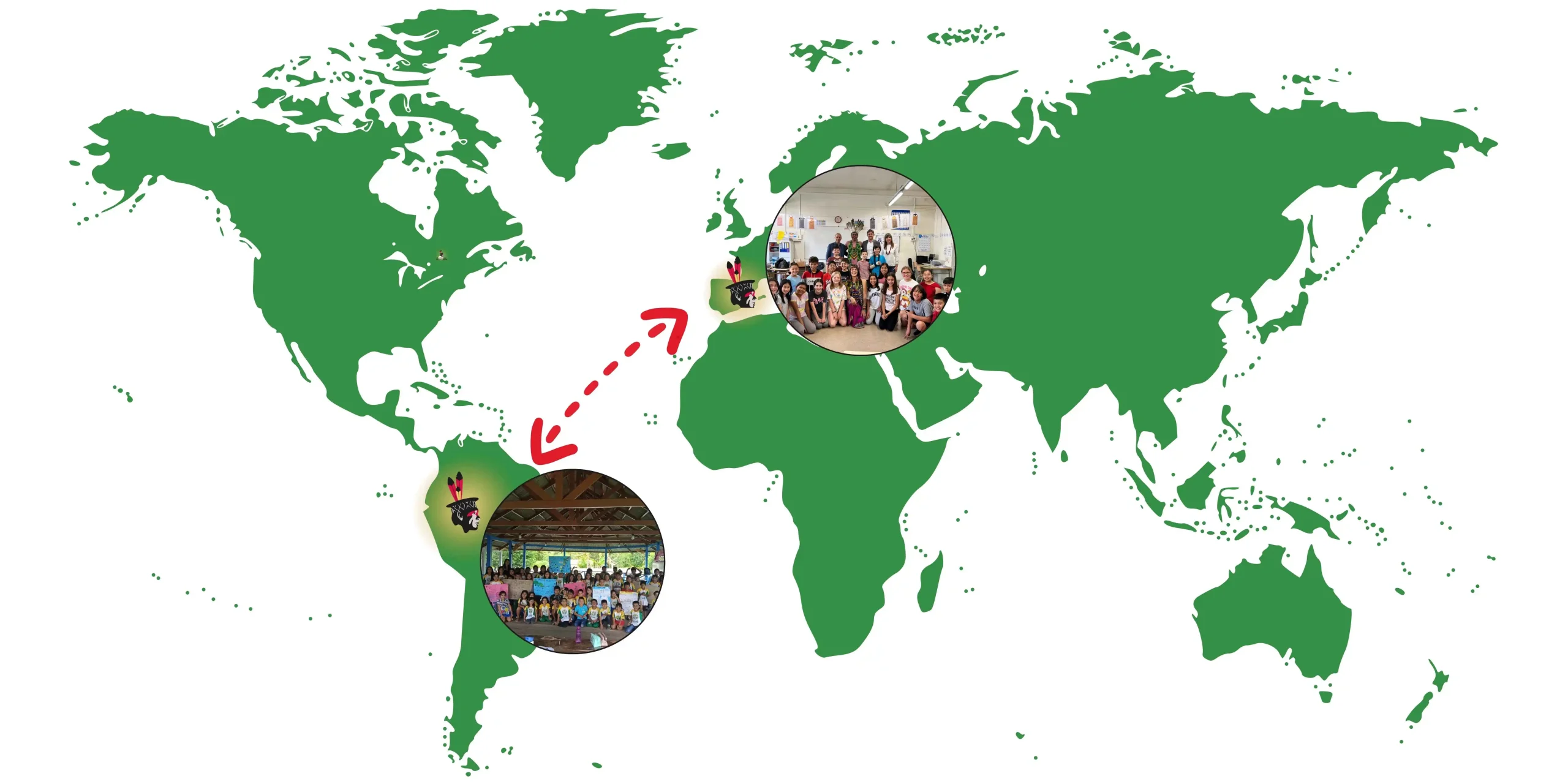 Carte des écoles du réseau en Espagne et en Amazonie