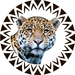 Cabeza de jaguar dentro de un círculo con motivos geométricos indígenas