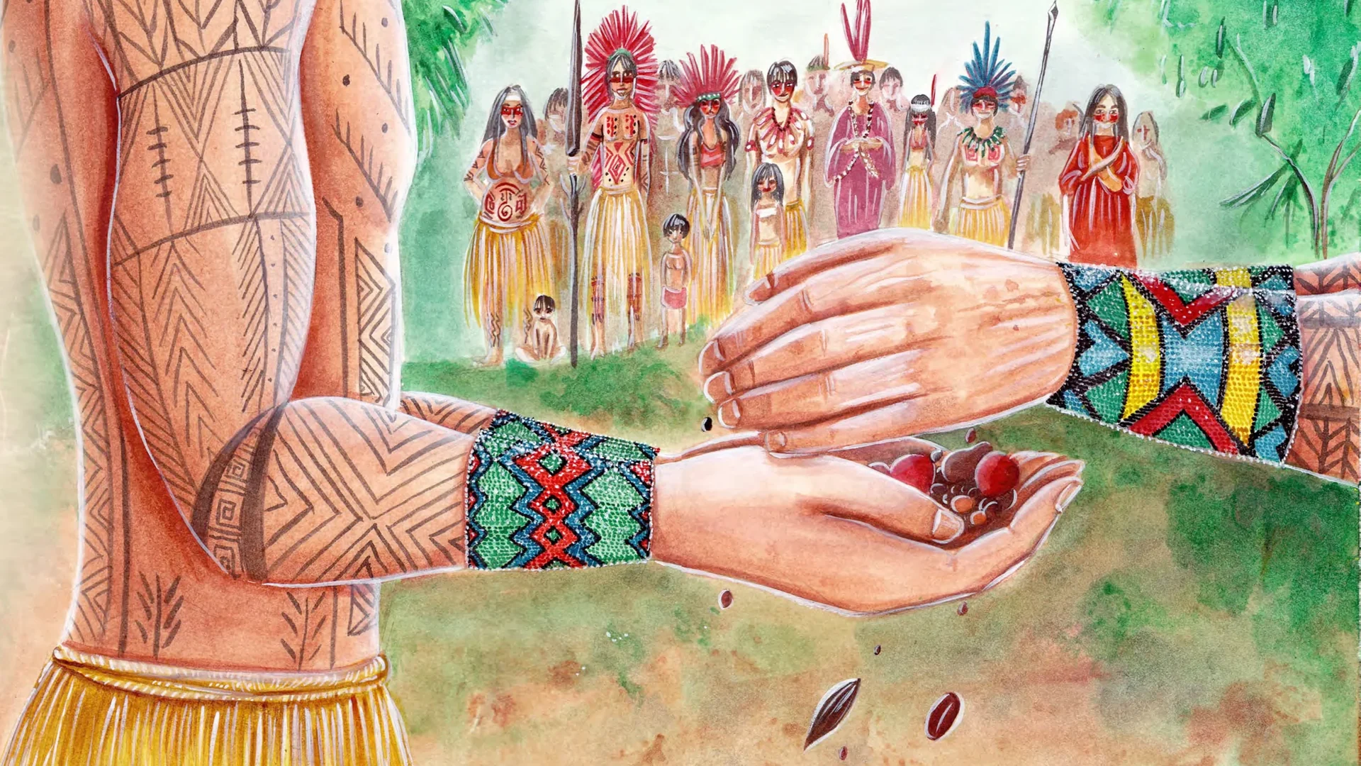 Ilustración del cuento «Els Puyanawa i l’Eruga de colors»: unas manos ofrecen semillas a otras manos, con la comunidad puyanawa reunida al fondo