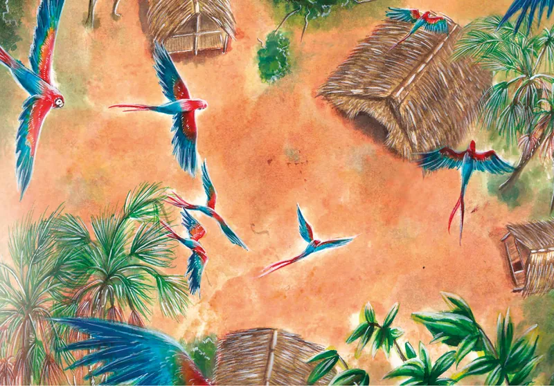 La aldea Puyanawa entre la selva, con malocas y guacamayos en vuelo