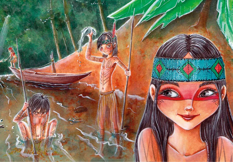 Vari, con cinta en la frente y la cara pintada, mientras otros niños pescan en el río