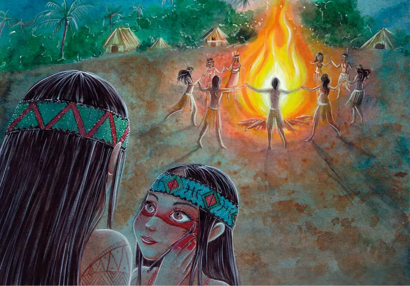 La comunidad baila de noche alrededor del fuego mientras Vari y un niño miran