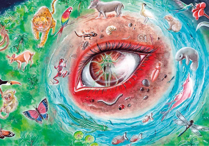 Un gran ojo rodeado de agua y de los animales de la selva
