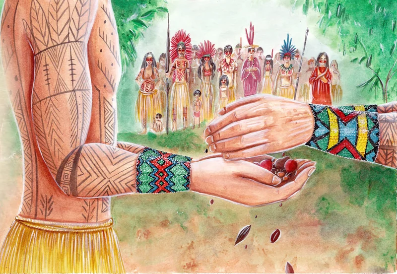 Unas manos con brazaletes de colores reciben semillas; al fondo, pueblos indígenas reunidos