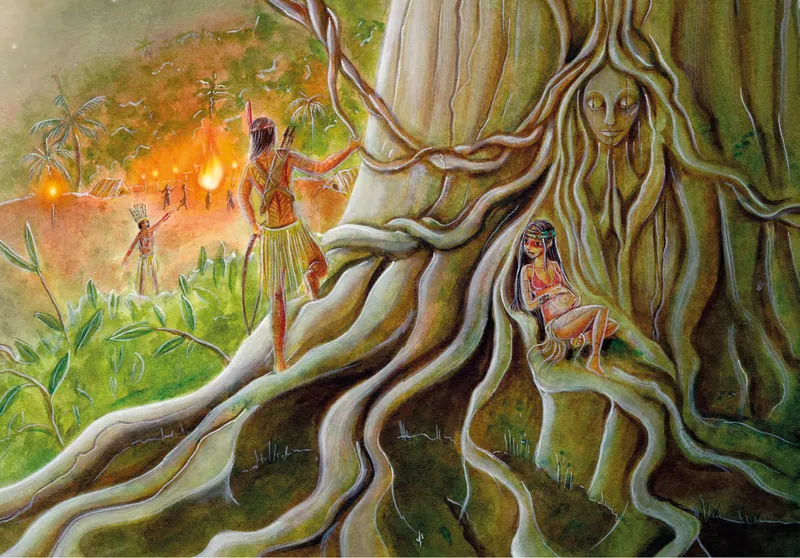 Un árbol gigante con rostro protege a Vari entre sus raíces; al fondo, la aldea con antorchas