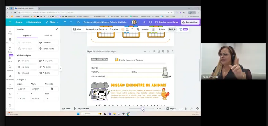Captura de la classe de Canva: una fitxa escolar en edició i la professora Karla Priscila en vídeo