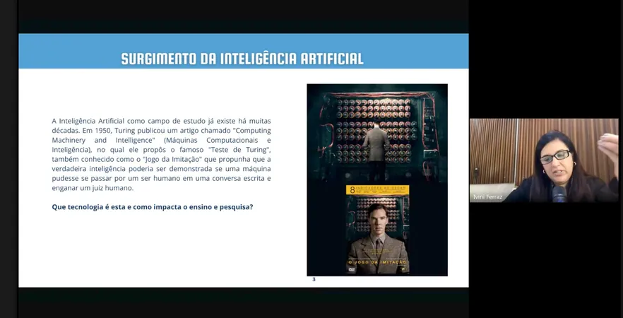 Captura d'una classe per Google Meet: diapositiva «Surgimento da inteligência artificial» i la professora Ivini Ferraz en vídeo