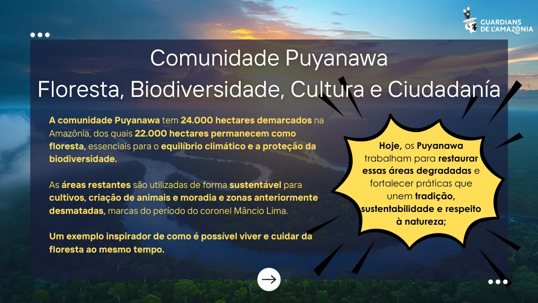 Diapositiva sobre la comunitat puyanawa: bosc, biodiversitat, cultura i ciutadania