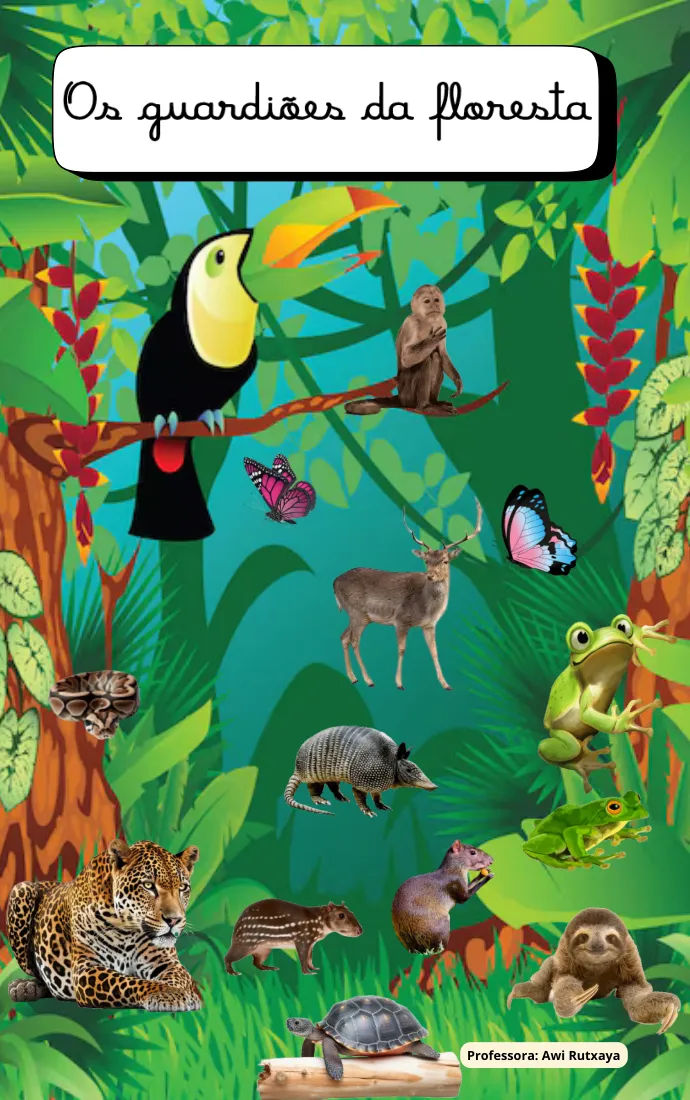 Portada del llibre «Os guardiões da floresta» amb un tucà i animals de la selva