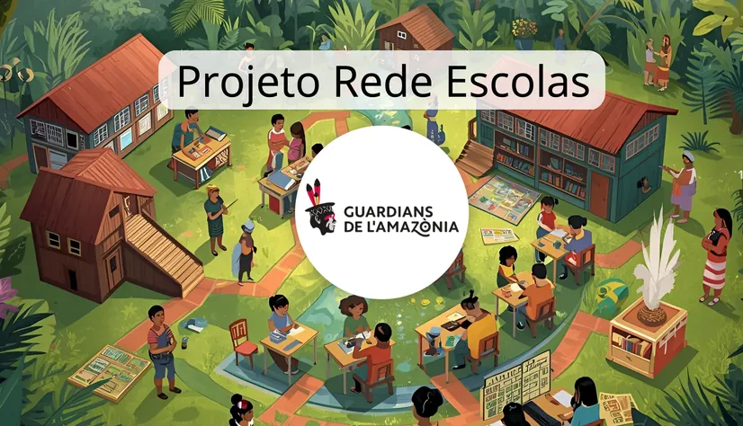 Il·lustració «Projeto Rede Escolas» amb un poblat a la selva i el logotip de Guardians de l’Amazònia