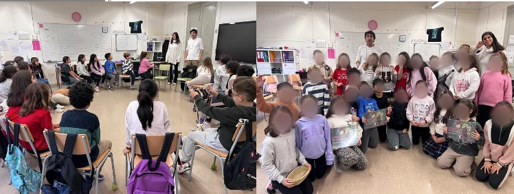 Zwei Fotos vom Workshop: Die Kinder sitzen im Kreis und hören Adolf Sanz und Queralt Solsona zu, und ein Gruppenfoto mit Exemplaren der Erzählung