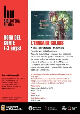 Plakat der Bibliothek El Molí: Hora del conte (+3 anys), Els Puyanawa i l’Eruga de colors – Hêda Cêkaya, mit Eva Folgado und Adolf Sanz