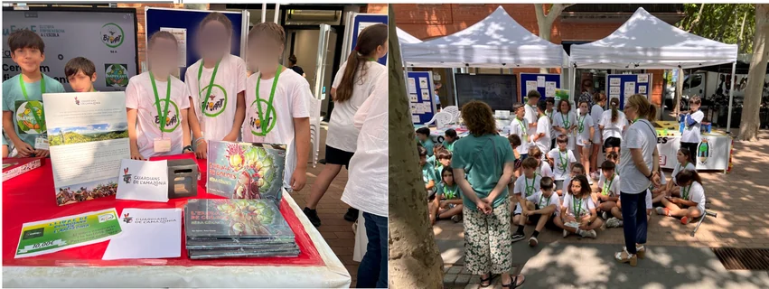 Zwei Fotos vom Stand: Kinder der Klasse 5A am Tisch mit Exemplaren der Erzählung und die Klasse unter den Zelten auf der Rambla von Begues