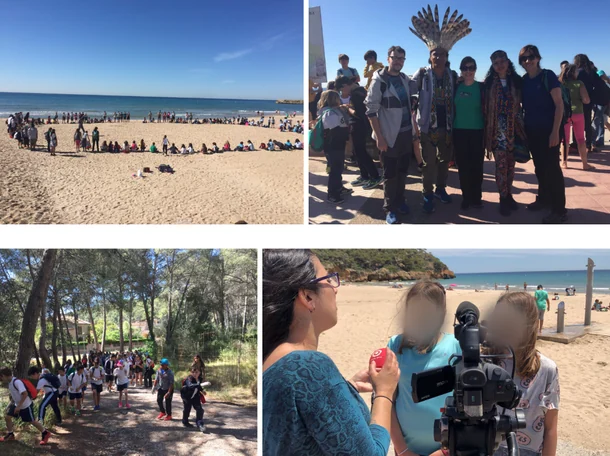 Collage aus vier Fotos: Kinder im Kreis an einem Strand, Anführer der Puyanawa mit Lehrkräften, Ausflug durch einen Pinienwald und ein Interview mit zwei Schülerinnen am Strand