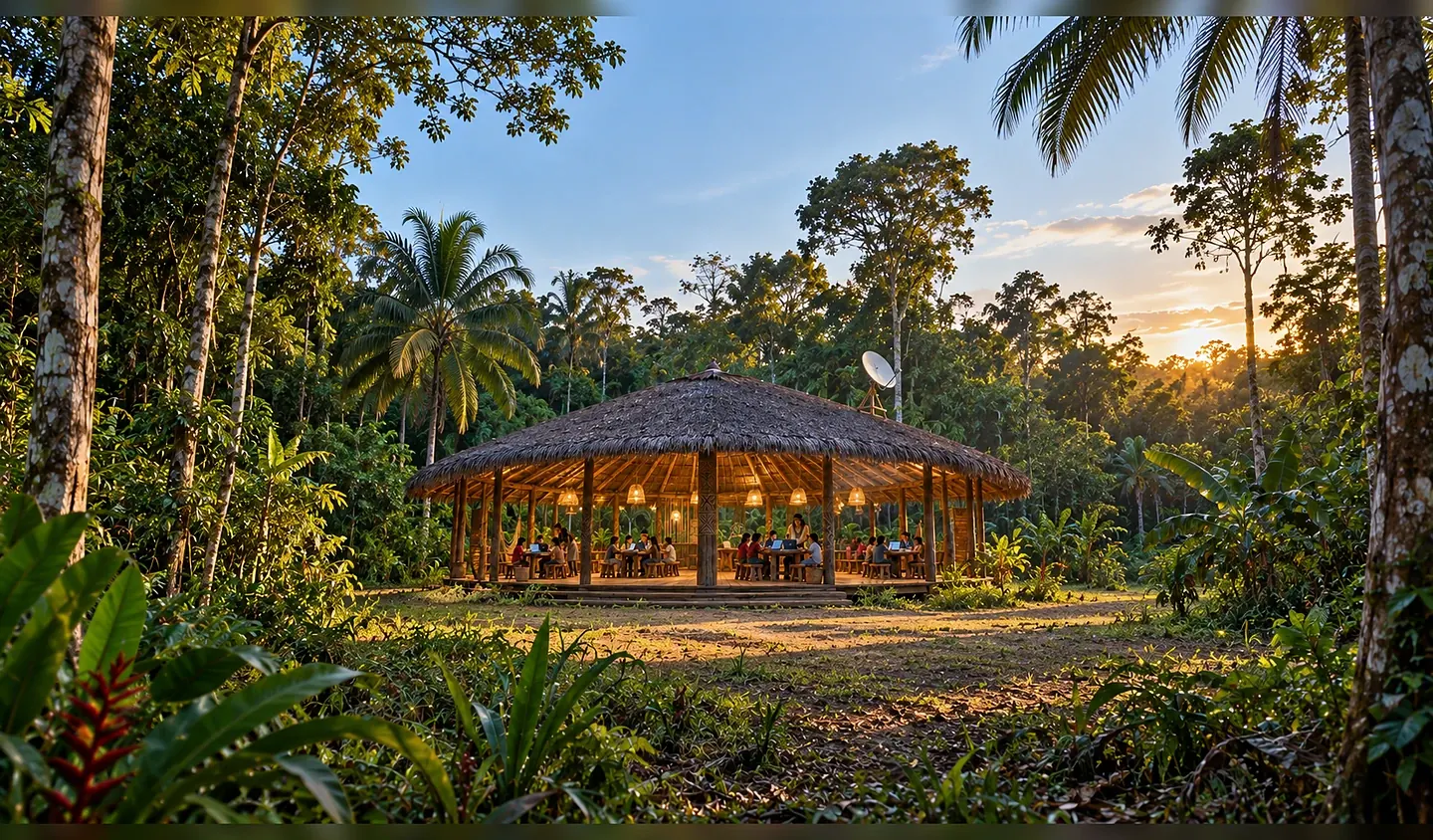 Illustration of an open maloca in the middle of the rainforest at dusk, with people inside and a satellite dish on the roof
