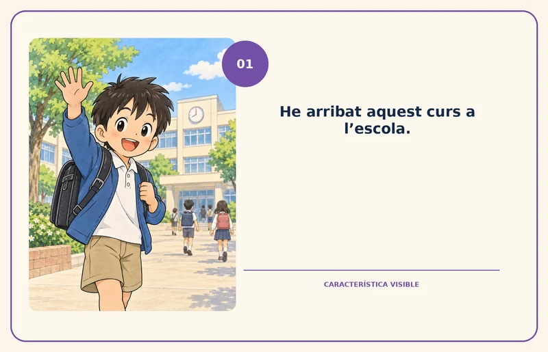 Carta del juego con la ilustración de un niño que llega a la escuela y la frase «He arribat aquest curs a l’escola», marcada como característica visible